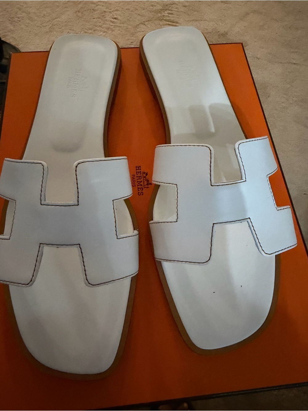 Hermes White H‑Strap Leather Slide Sandals